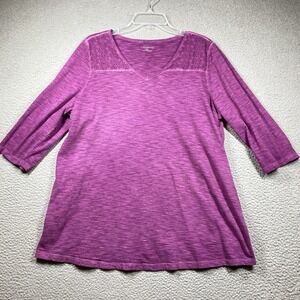 Catherines T-Shirt Top Women's 0X Purple 3/4 Sleeves Eyelet Trim Stretch Comfort